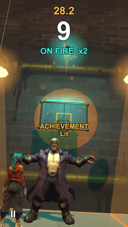 The score reads 9 with the words on fire, times two, as the ball drops through the hoop.