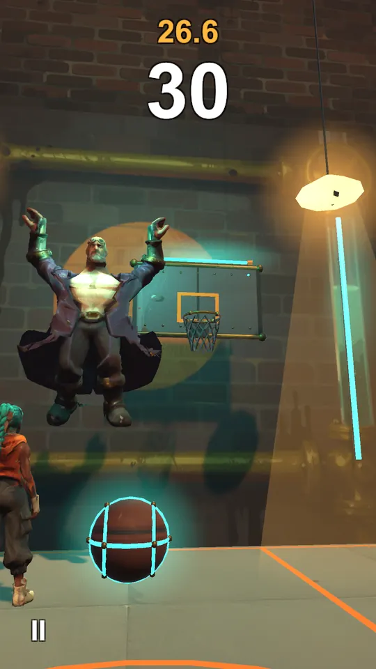 Dozer, a huge bearded defender in a purple coat, leaps in front of the hoop with both arms raised.