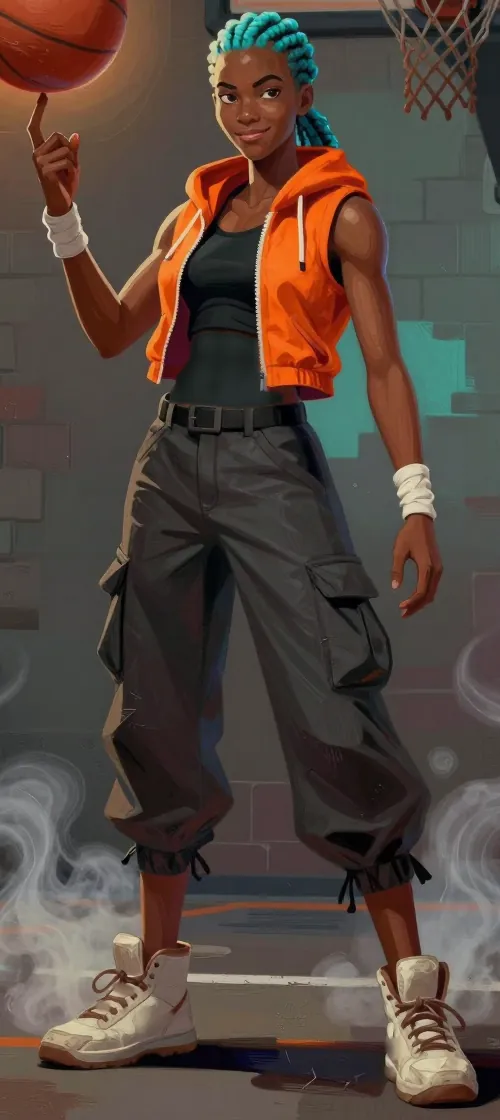 Vex standing on the court with a basketball balanced on her fingertip.